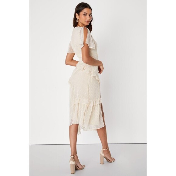 Lulus Womens Swiss Dot Ruffled Midi Dress S Cream Front Slit Beach Travel V-Neck - Picture 4 of 11